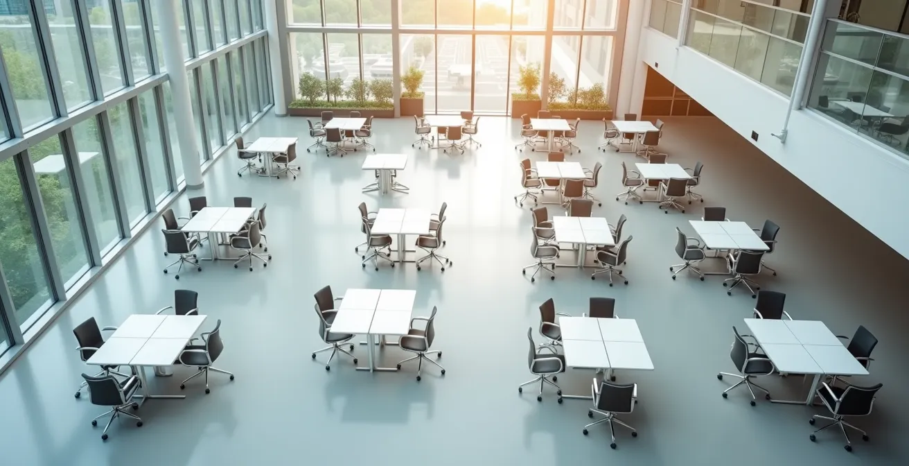 Vue aérienne d'espaces de séminaire modulables avec différentes configurations