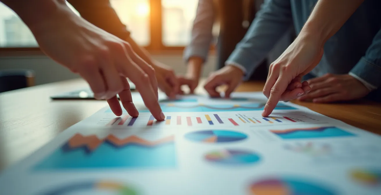 Mains analysant des graphiques de performance post-séminaire