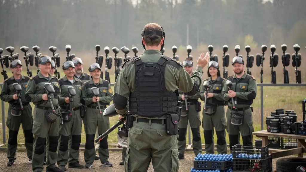 Animateur expliquant les consignes de sécurité à un groupe de collaborateurs avant une session de paintball