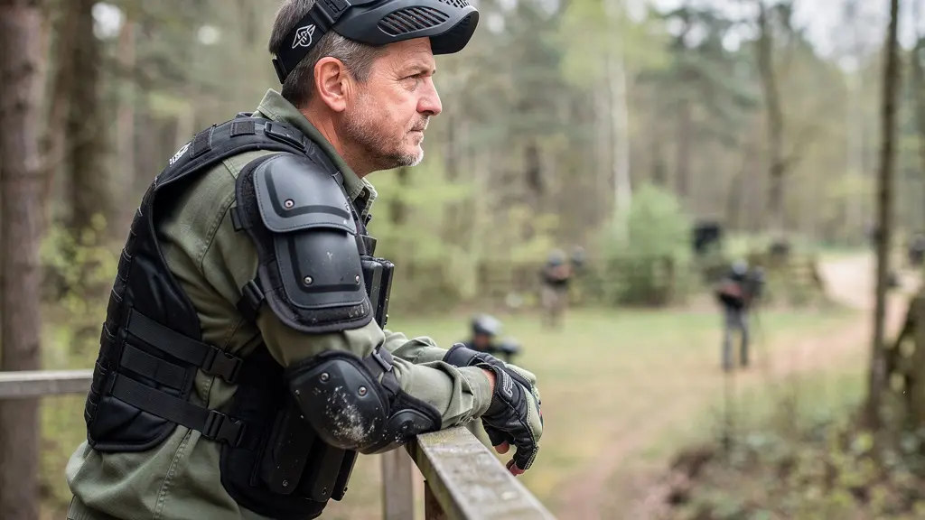 Collaborateur observant le terrain de paintball depuis une position stratégique lors d'un séminaire d'entreprise