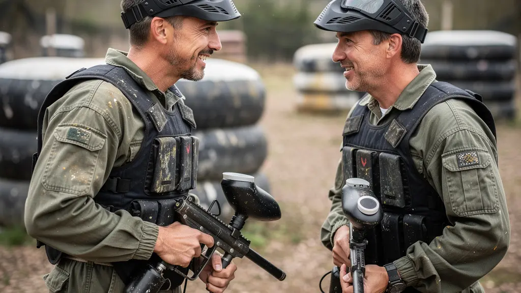 Deux collègues en tenue de paintball échangeant sur leur stratégie de jeu lors d'un team building