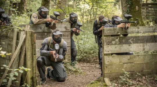 Équipe de collaborateurs en tenue de paintball positionnée sur terrain extérieur boisé lors d'un séminaire d'entreprise