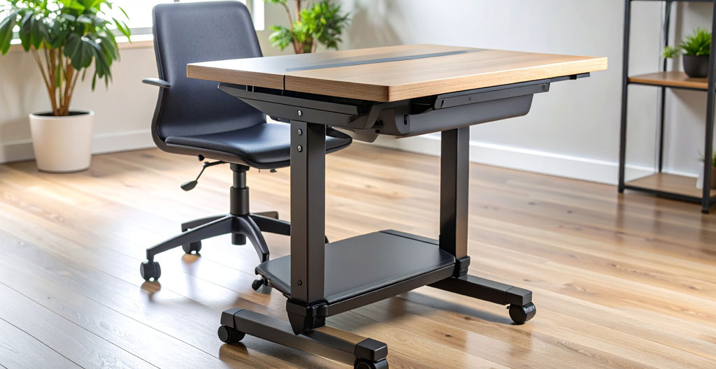 Les mains d'un technicien poussent une table pliante sur roulettes dans une grande salle lumineuse