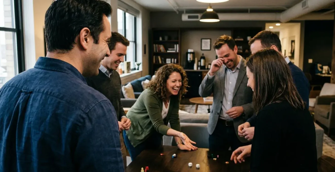 Des adultes en tenue professionnelle participent à un jeu de groupe, riant et en mouvement