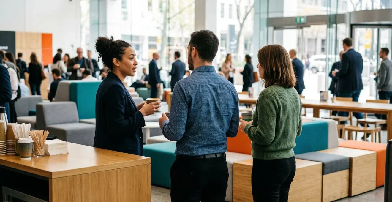 Un groupe de professionnels discute debout dans un espace lumineux avec des tables sur roulettes visibles en arrière-plan