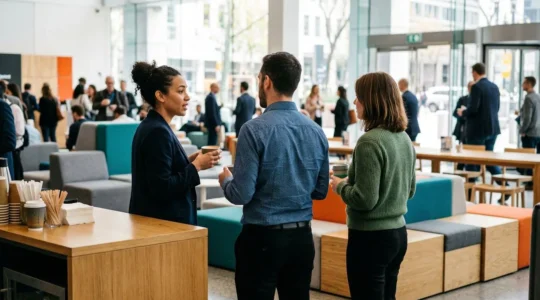 Un groupe de professionnels discute debout dans un espace lumineux avec des tables sur roulettes visibles en arrière-plan