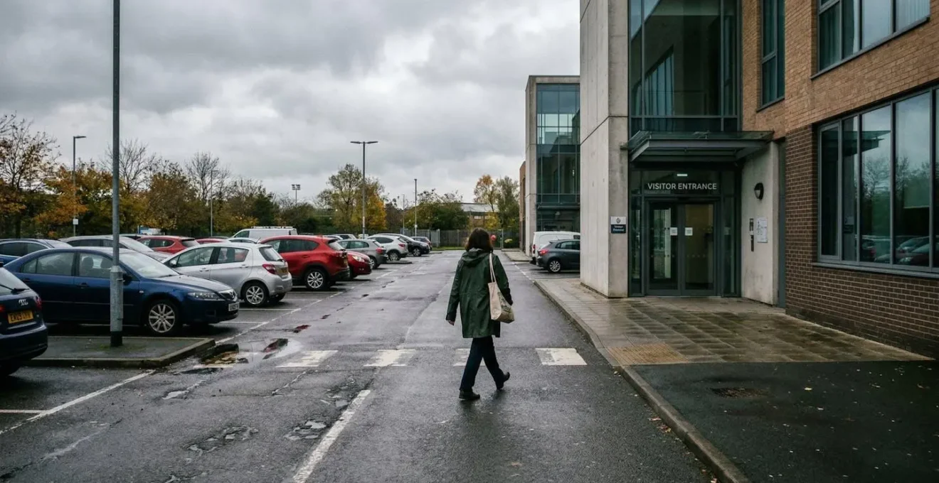 Vue partielle d'un parking avec plusieurs voitures garées et une personne marchant vers un bâtiment moderne