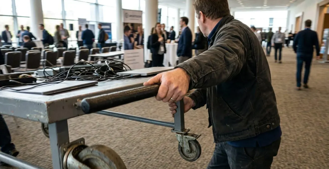 Les mains d'un technicien poussent une table pliante sur roulettes dans une grande salle lumineuse